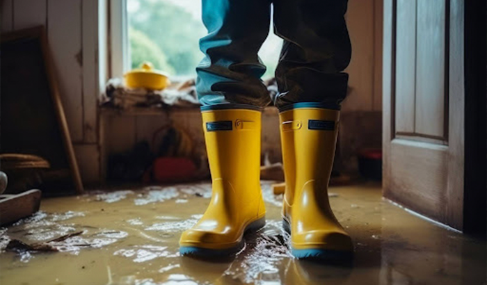 A person in yellow rain boots standing in a flooded room, dealing with the aftermath of heavy rainfall.
