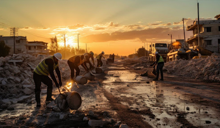 Workers performing disaster cleanup services on road at sunset.