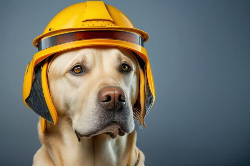 A Labrador dog wearing a hard hat, ready for work