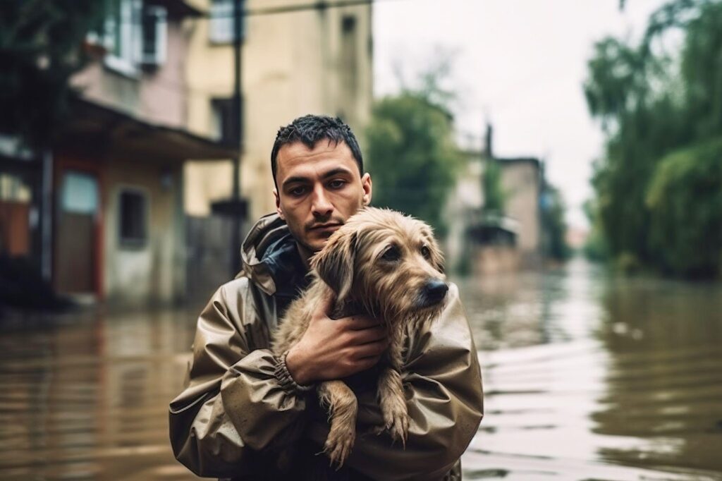 A man holding a dog in a flooded street during a heavy rainstorm