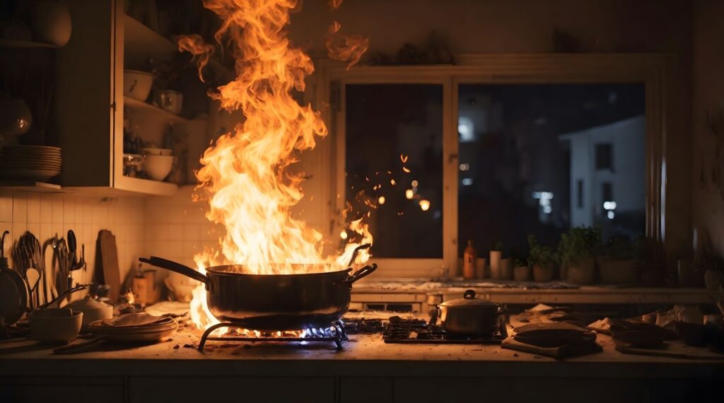 Kitchen fire hazard pot of boiling water ignites flames, leading to fire and water damage risks.