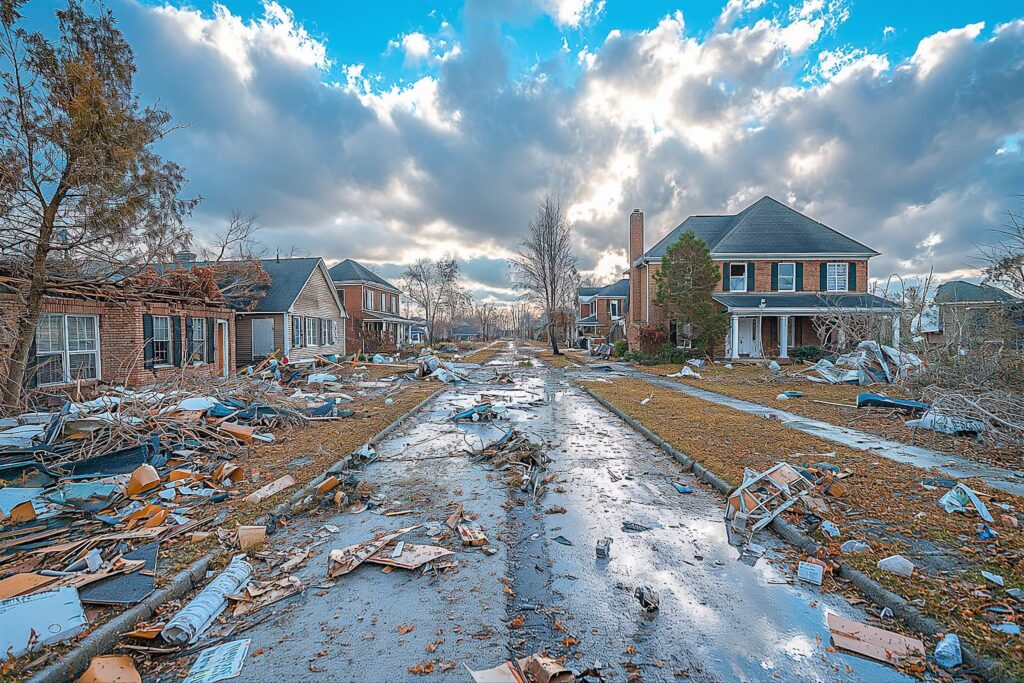 A street with debris and houses in the background. Disaster cleanup service in the wake of a disaster.