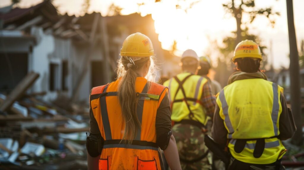 Three construction workers in hard hats walking through a destroyed neighborhood after a disaster cleanup service.