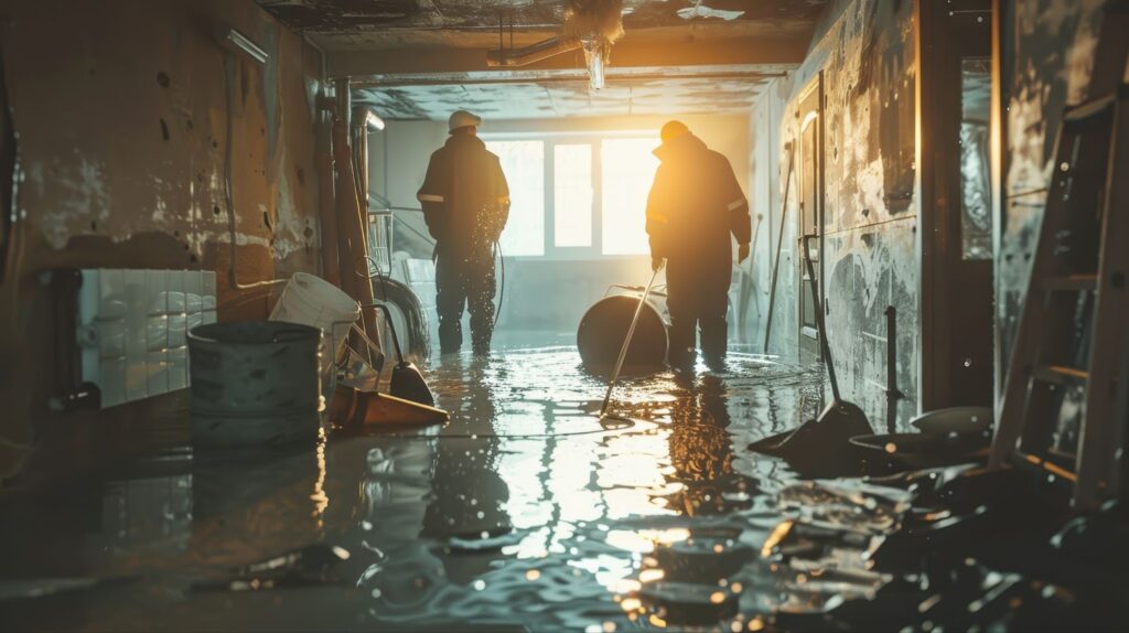 Two men navigate a flooded room, showcasing professional disaster cleanup efforts in the aftermath of a significant event.