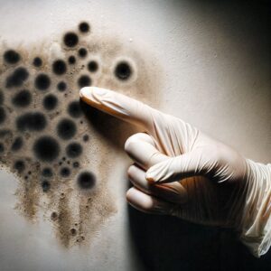 A person in a white glove points at a black moldy wall, highlighting the need for professional mold remediation in homes.