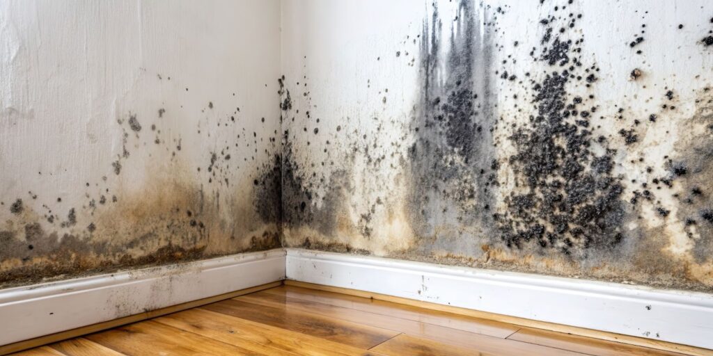 Moldy walls in a room with wooden floors, highlighting the need for professional mold remediation and removal services.