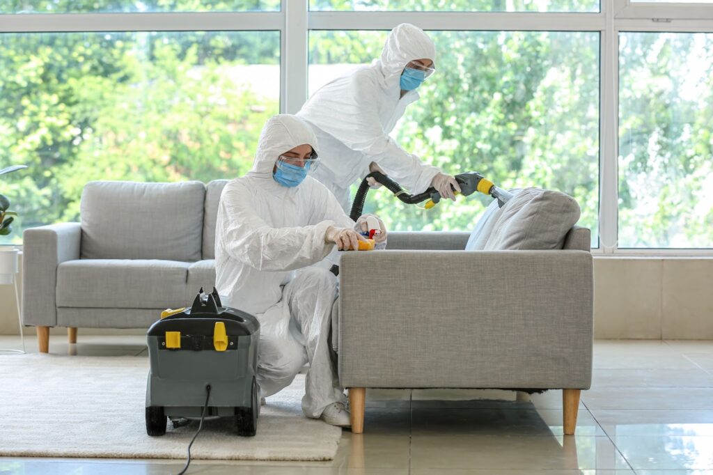 Two individuals in protective gear meticulously cleaning a couch, representing biohazard cleanup services.